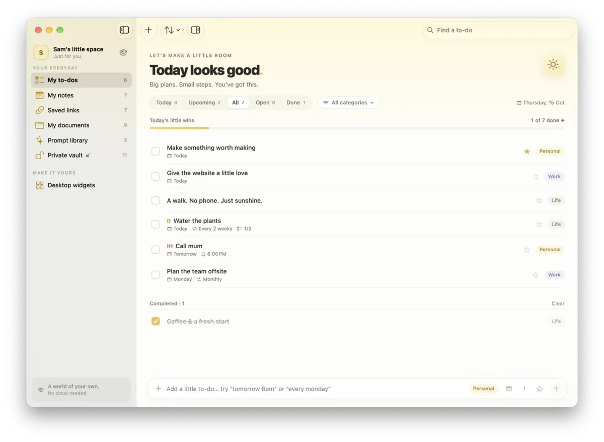 MacTodo’s main window: today’s to-do list with dates, repeats, reminders and categories, next to a sidebar with notes, links, documents, prompts and the private vault.