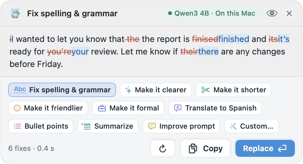 MacWriteBuddy’s preview: a sentence with each spelling and grammar fix marked, above buttons to make it clearer, shorter, friendlier, formal or translated.