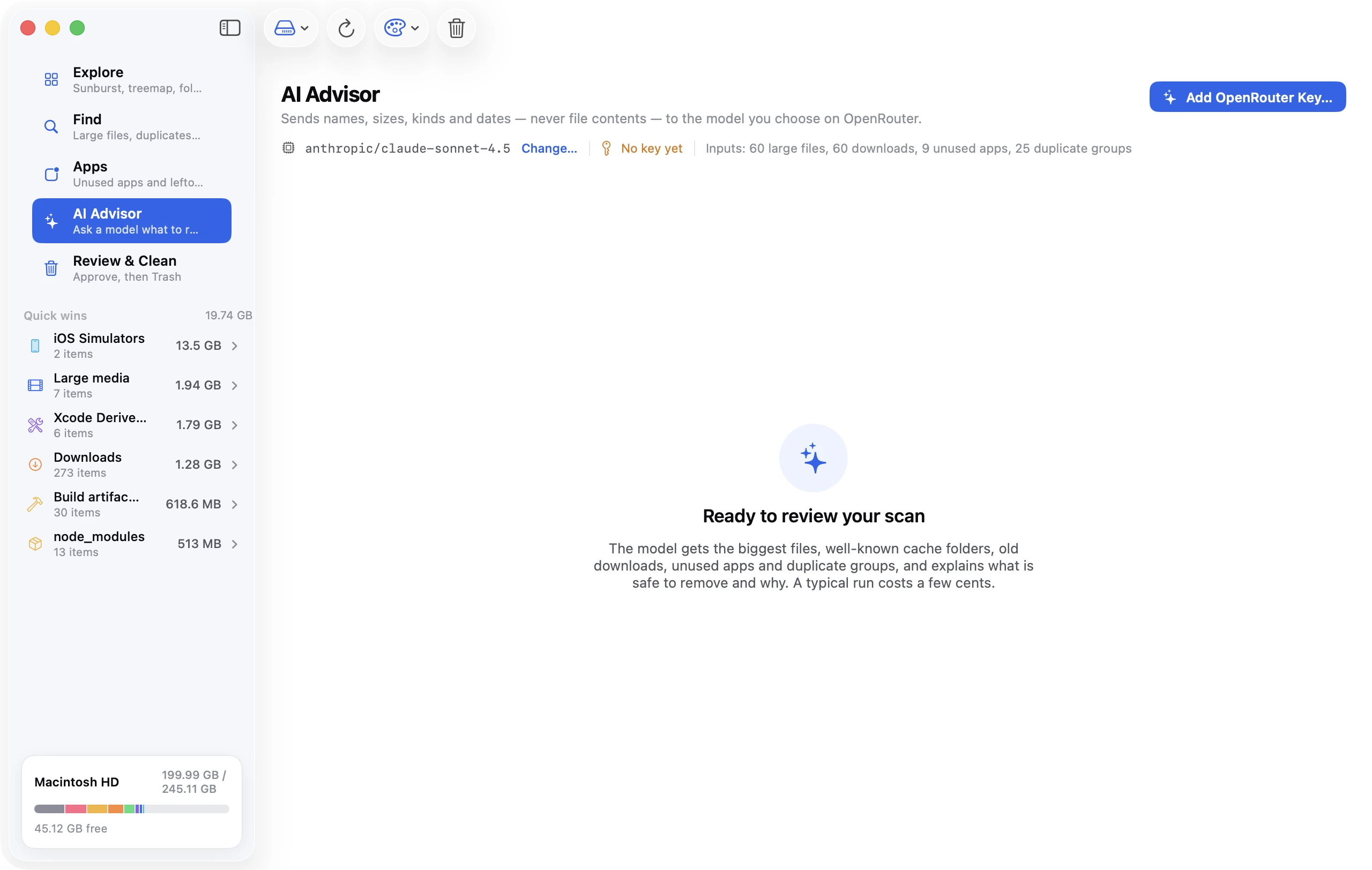 AI Advisor, ready to run: the chosen model anthropic/claude-sonnet-4.5, the inputs it will get (60 large files, 60 downloads, 9 unused apps, 25 duplicate groups), and a note that a typical run costs a few cents.