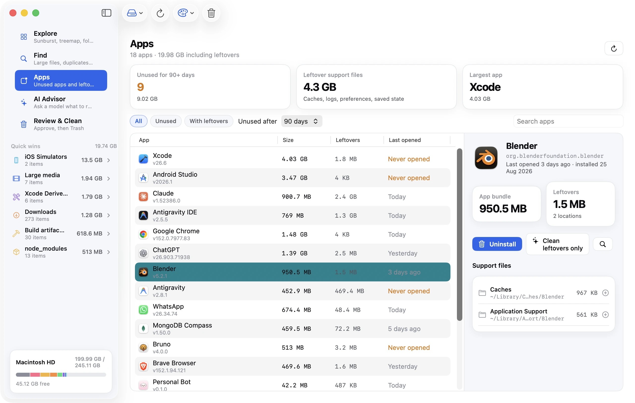 Apps: 18 installed apps ranked by size with last-opened dates; Blender selected, showing its 950 MB bundle, 1.5 MB of leftovers, and Uninstall or Clean leftovers only buttons.