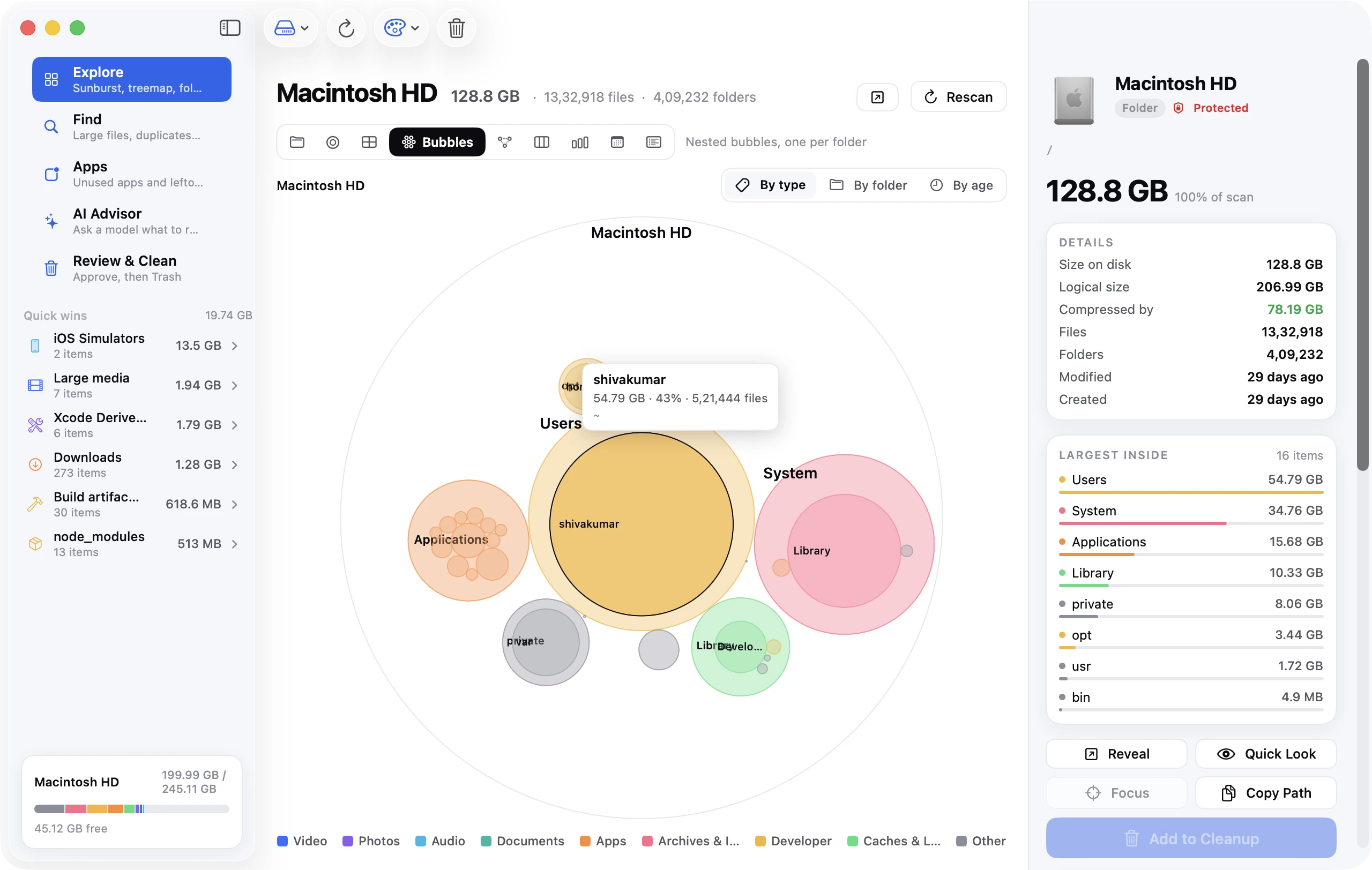 Bubbles view: circles packed inside circles, one per folder, sized by bytes.