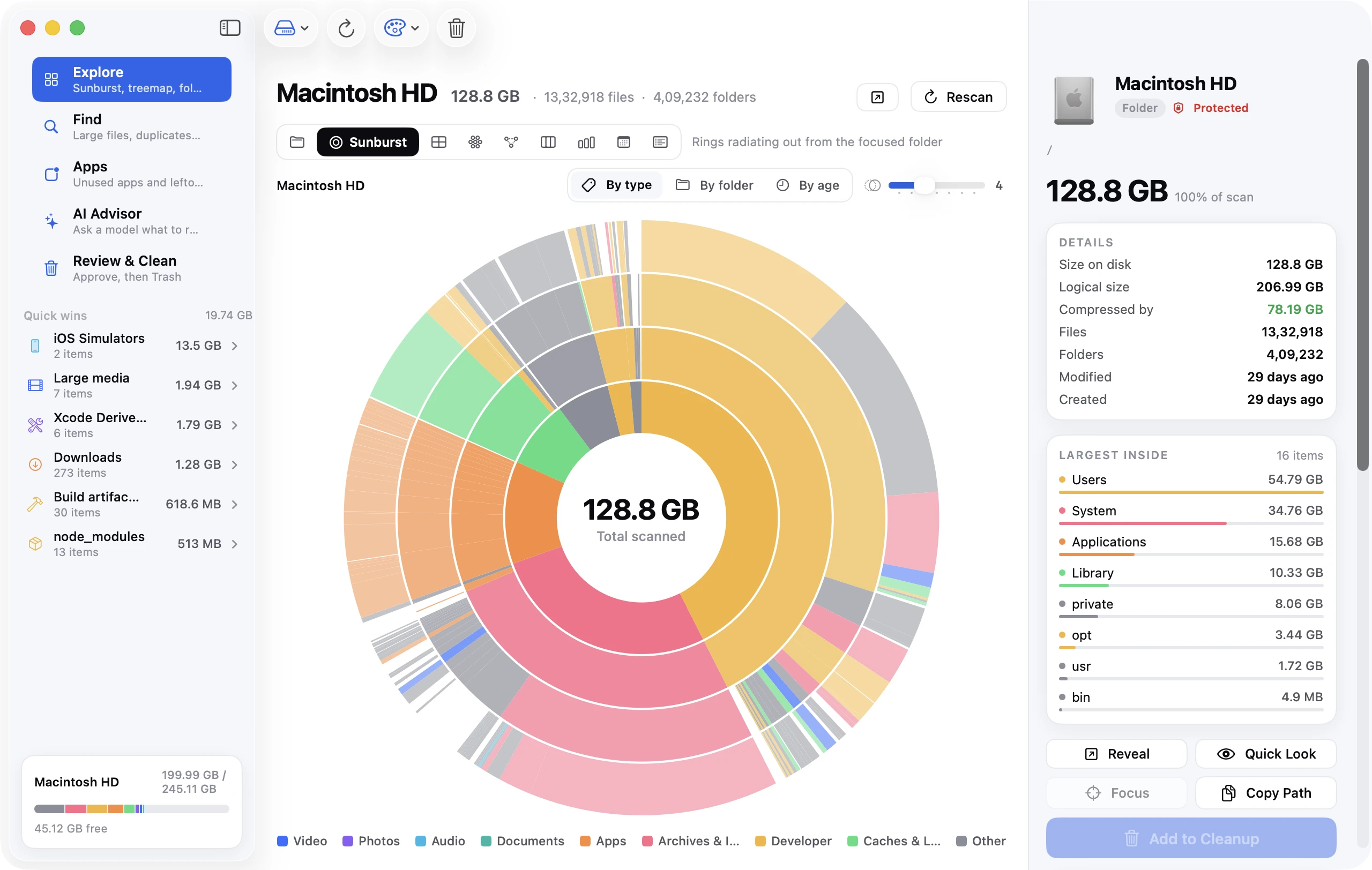 Disk Clean AI after scanning a 128 GB startup disk: a sunburst chart of every folder coloured by file type, quick wins listed in the sidebar, and an inspector showing the largest items inside.