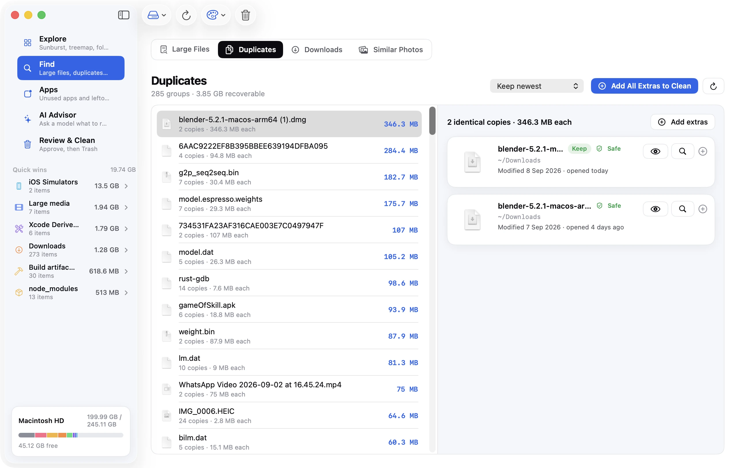 Duplicates: 285 groups of identical files listed by recoverable size, with a keep rule and one-click staging of the extras.