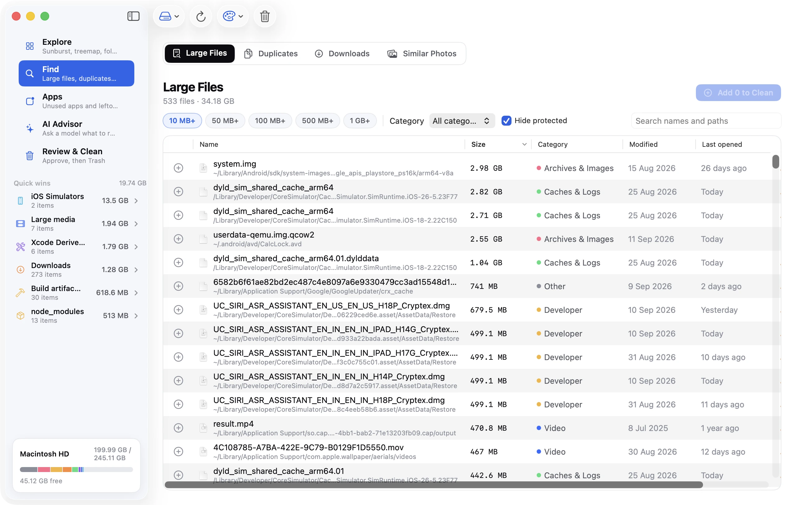 Large Files: a table of the biggest files with size, category, modified and last-opened dates, filterable from 10 MB to 1 GB and up.