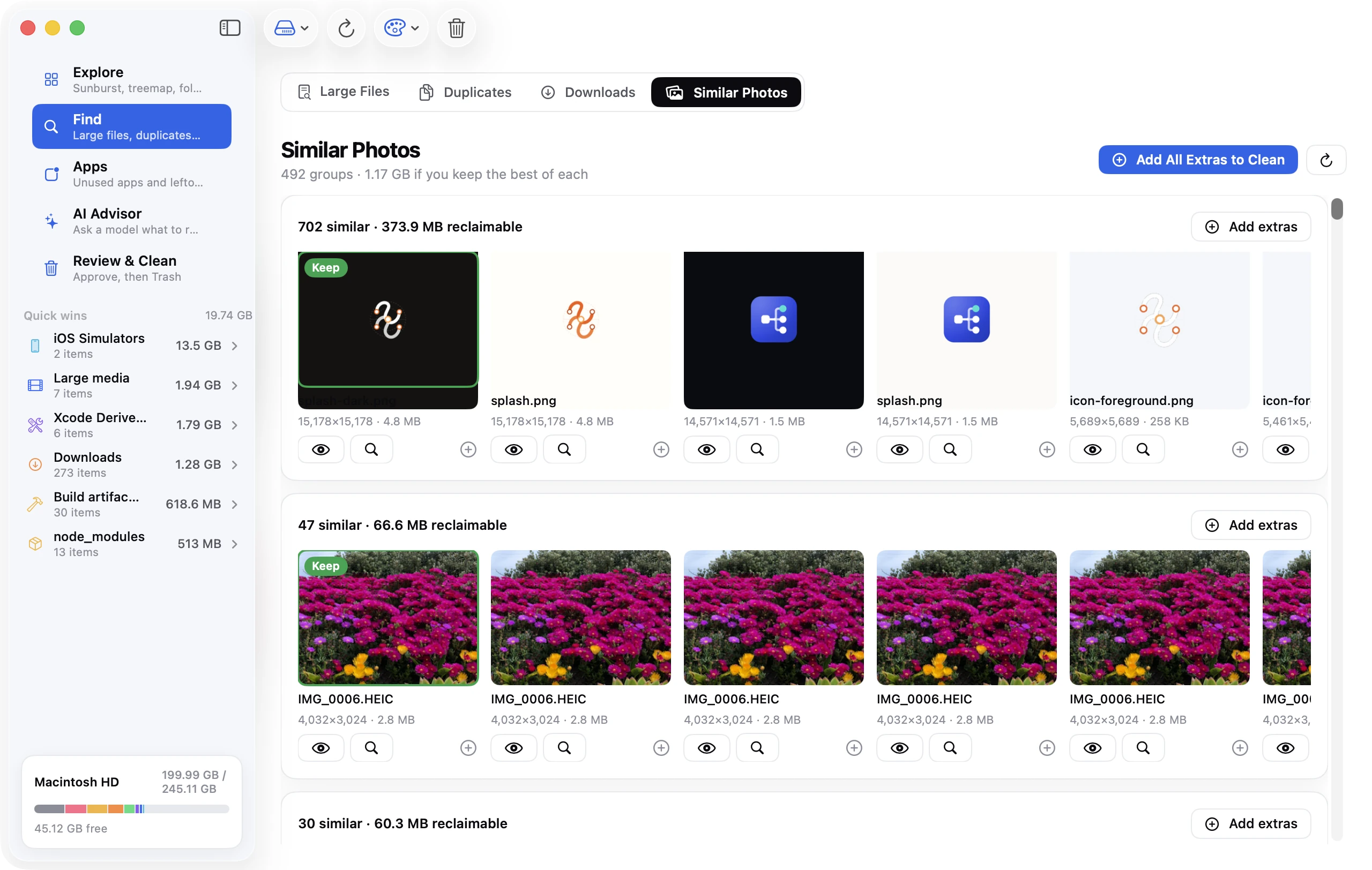 Similar Photos: groups of near-identical images shown as thumbnails, the best copy in each group marked Keep.