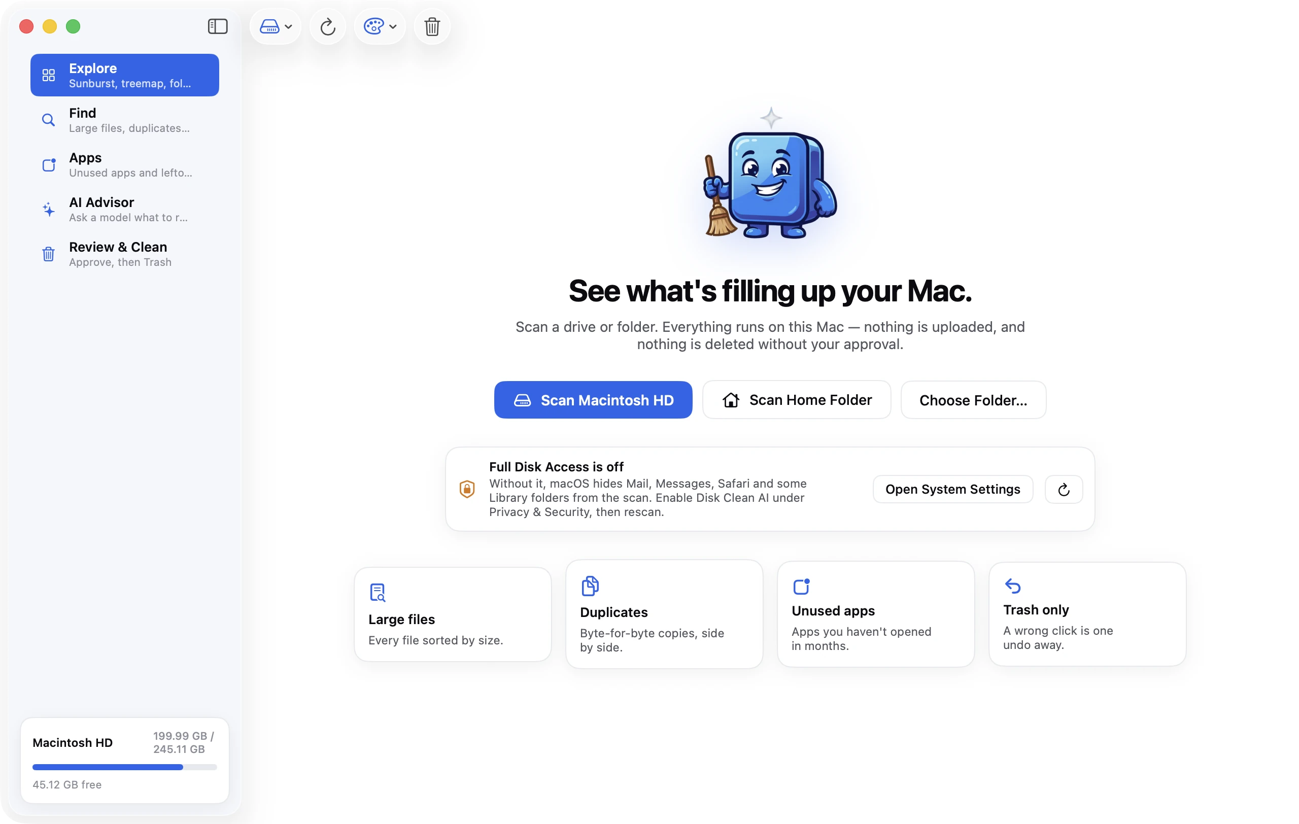 The welcome screen with Scan Macintosh HD, Scan Home Folder and Choose Folder buttons.