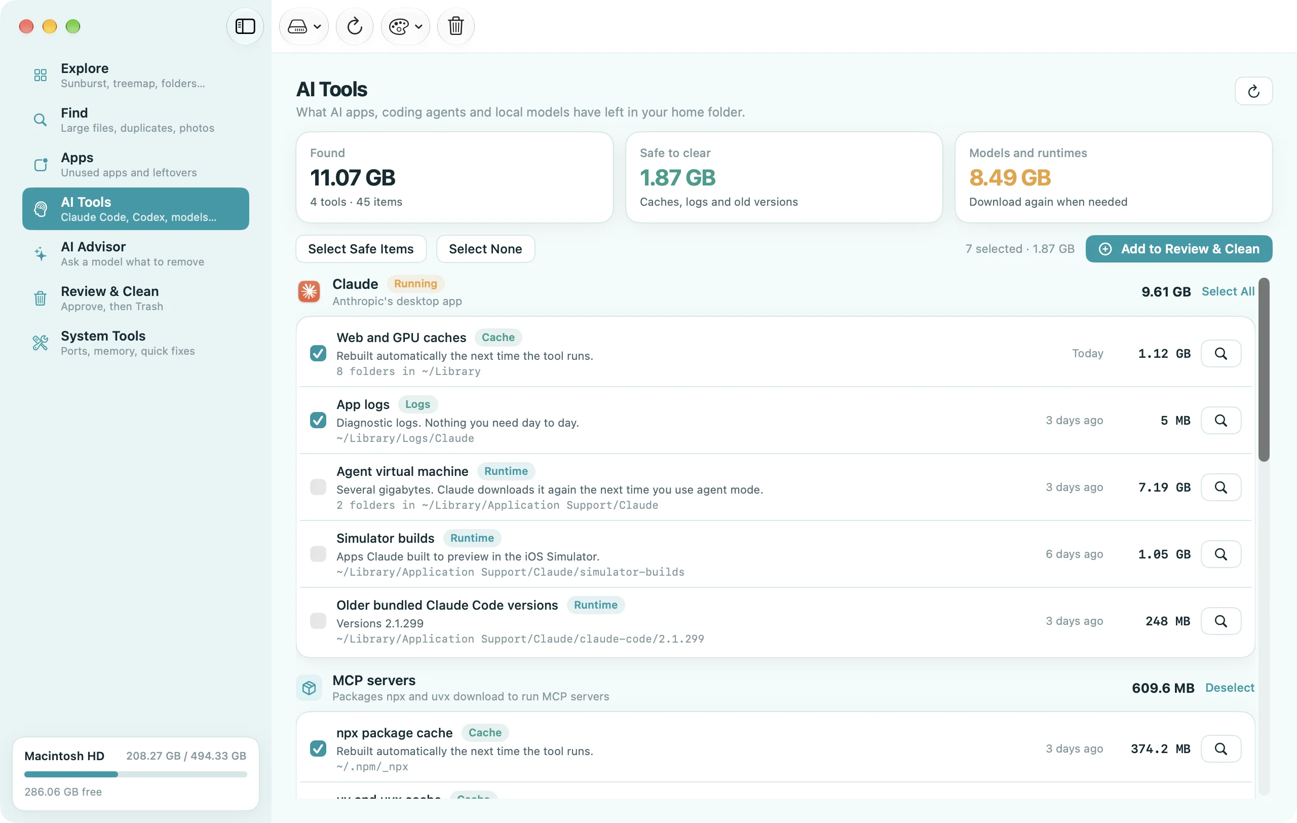 Disk Clean AI's AI Tools screen listing 11.07 GB left by AI apps and coding agents, with caches and logs ticked and the Claude agent virtual machine left for the user to decide.